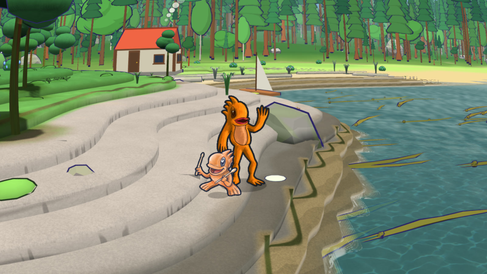 Evan, an upright orange rock fish, waving from terraced grey rock at the water's edge beside his small baby, who holds two drumsticks. Kelp streams in the blue water, and a sailboat, a beach, a red-roofed house and forest lie behind them