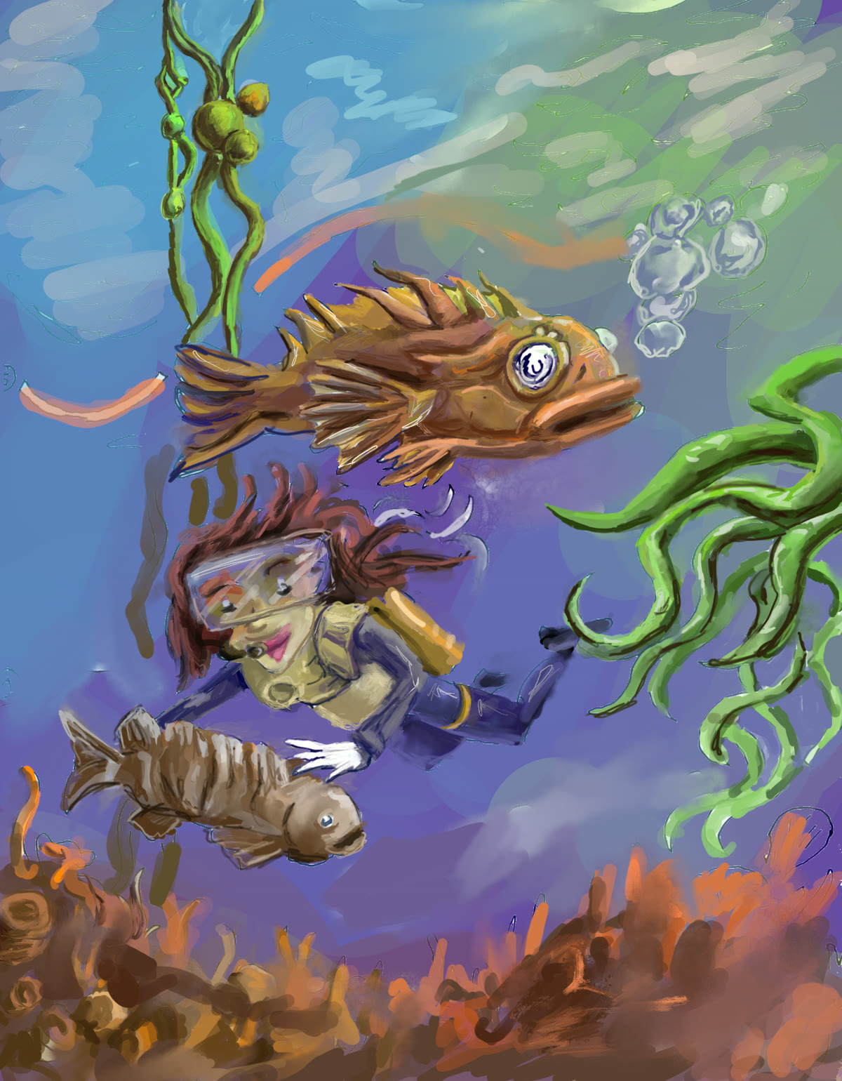 An underwater painting: a spiny rockfish above a diver with red hair, a second fish below her, kelp on both sides and an orange sea bed