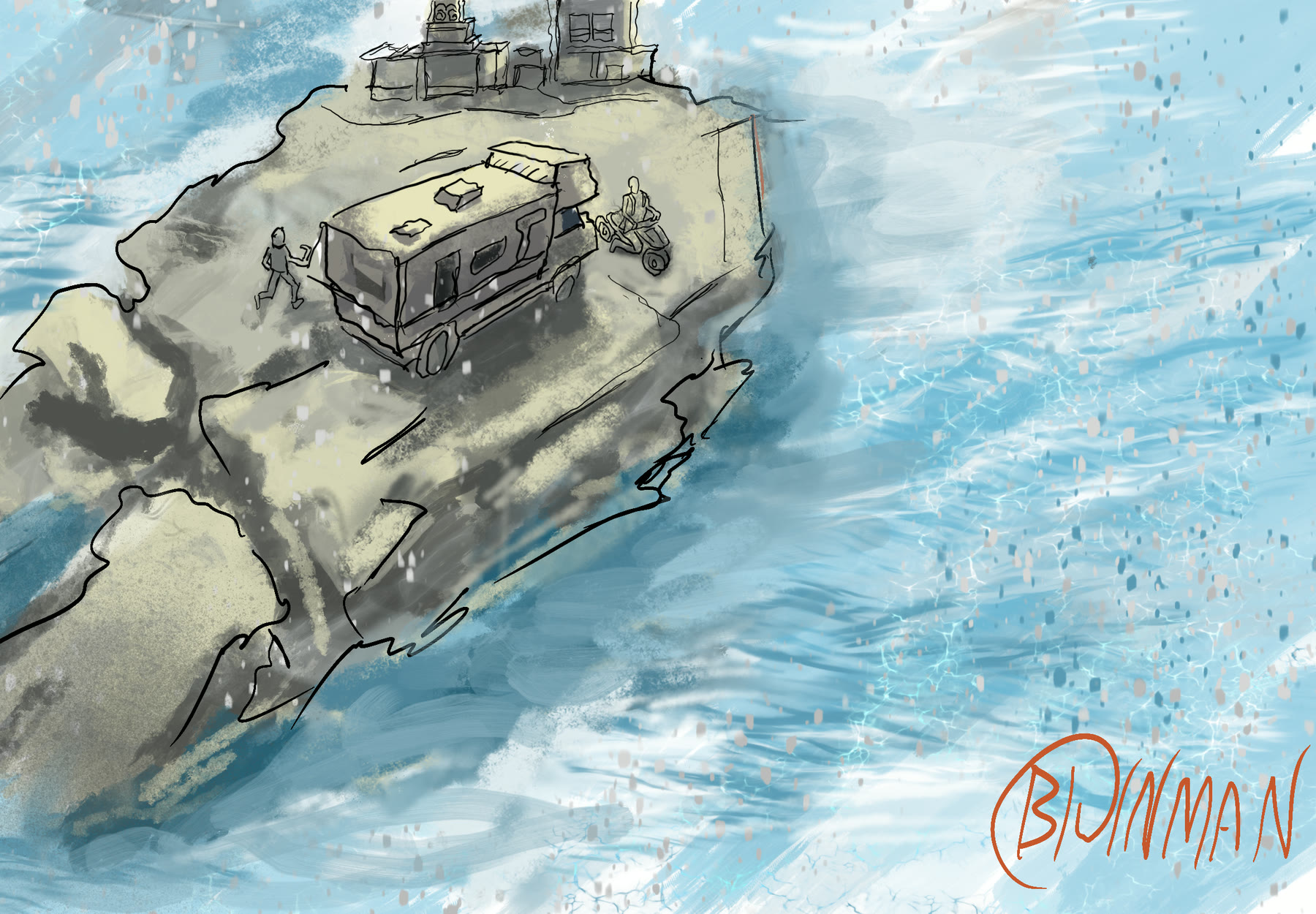 A painting from above: a camper truck, a rider on a trike and a running figure on a pale rock, with blue sea breaking all round it
