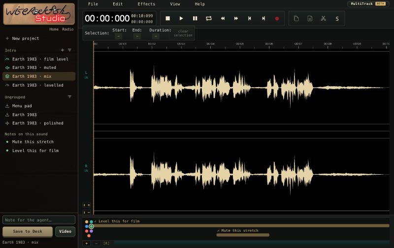 The studio: a list of projects and takes on the left, a waveform in the middle and coloured labels under it