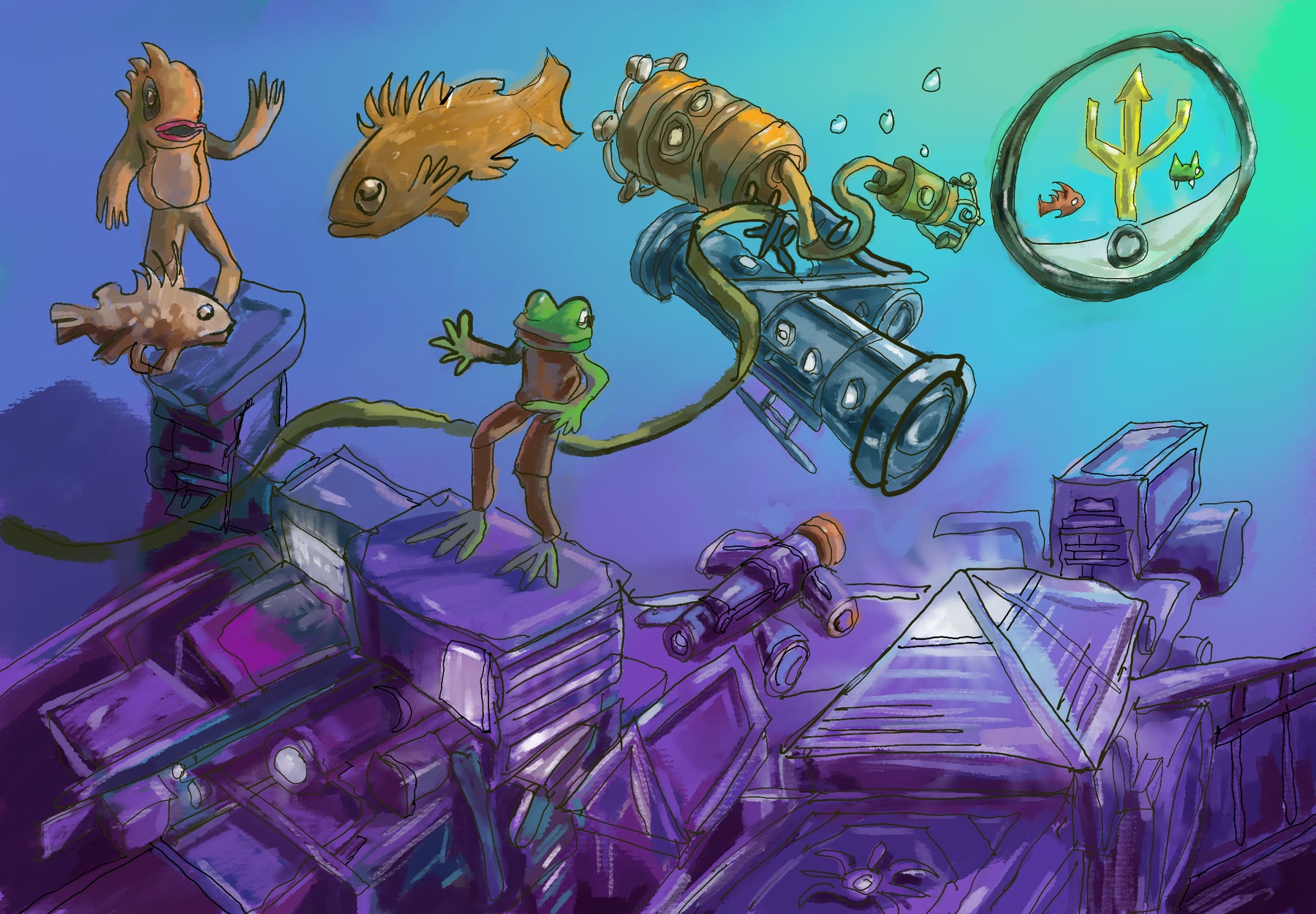 An underwater painting: a rockfish man waving from a stone pillar, a swimming rockfish, a frog, a brass diving machine, and a sunken purple city with a pyramid below them